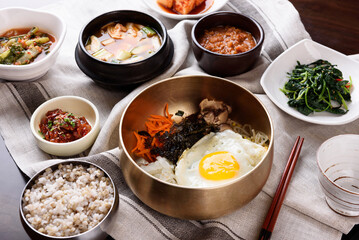 Bibimbap with vegetables, mushrooms, and half-boiled eggs