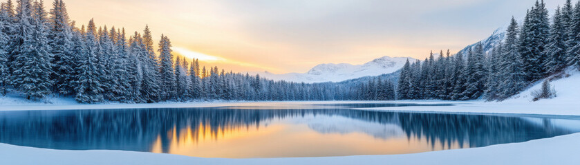 Fototapeta premium A serene winter landscape with snow-covered trees and still water.