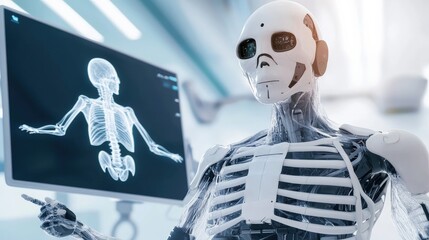 Fototapeta premium A futuristic robot with a transparent skeleton is presenting an X-ray image in a high-tech medical environment.