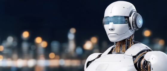Futuristic robot with city background