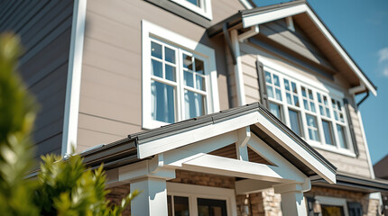 Fototapeta premium Exterior View of Two-Story House with White Windows and Entryway