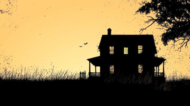 Mysterious Silhouette of a Farmhouse at Sunset: A Spooky Halloween Landscape