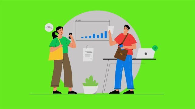 Two People Standing in Front of a Green Background with a Business Growth Chart on the Wall, Feeling Happy.