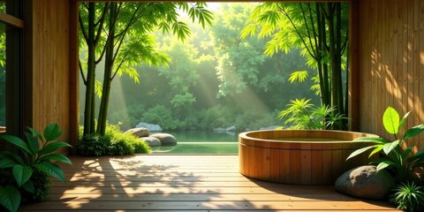 Obraz premium Serene Wooden Tub Nestled in a Bamboo Garden Oasis, Bathed in Sunlight