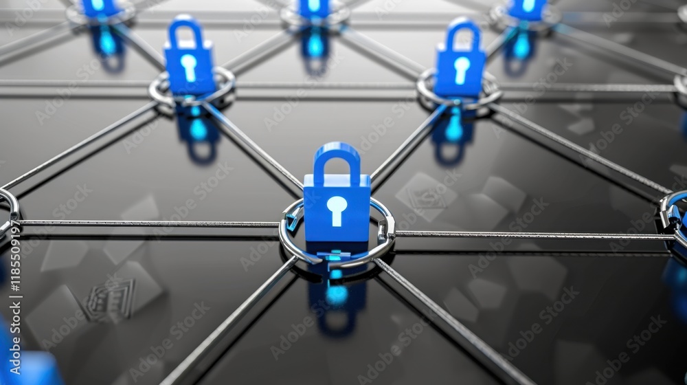 Poster secure digital network with blue locks symbolizing cybersecurity and protection. interconnected node