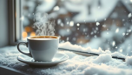 A steaming espresso shot on a frosty windowsill with falling snow in the background