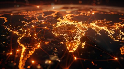 Global network visualization with glowing connections across continents, showcasing Africa, Europe, and Asia. stunning representation of interconnectedness and technology