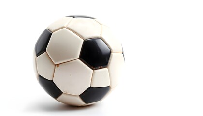 Fototapeta premium Classic black and white soccer ball with visible wear, isolated on a clean white background, symbolizing sports and nostalgia