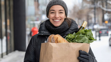 Canadian woman carrying a paper grocery bag walking on a winter city