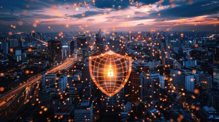 Digital security concept with shield symbol over city skyline