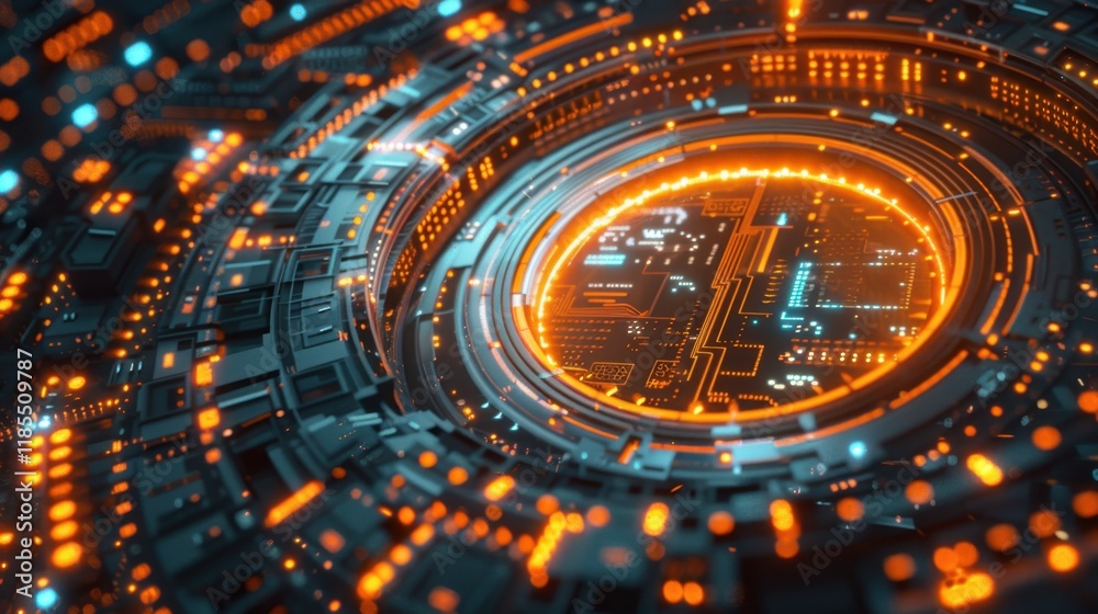 Poster futuristic digital circuit design with glowing orange elements, showcasing intricate patterns and te