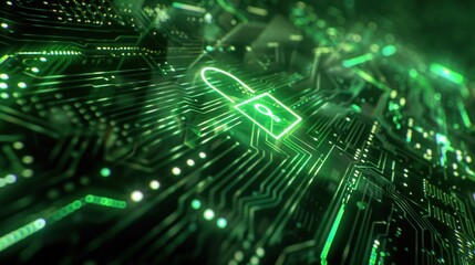 Digital circuit board with glowing green padlock symbolizing cybersecurity and data protection. intricate design represents technology and security in digital age