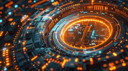 Futuristic digital circuit design with glowing orange elements, showcasing intricate patterns and technology. This vibrant image represents innovation and advanced computing