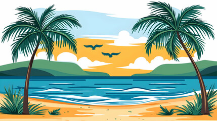 Obraz premium Tropical beach sunset landscape with palm trees, ocean waves, and flying birds; ideal for travel brochures