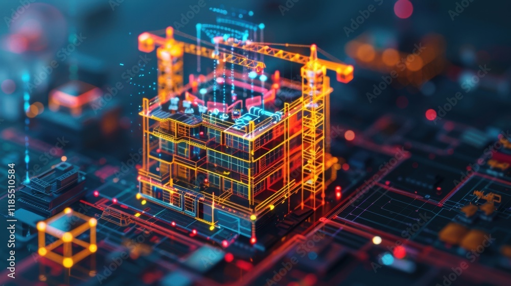 Poster digital construction site with glowing building structure and cranes, showcasing advanced technology
