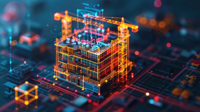 digital construction site with glowing building structure and cranes, showcasing advanced technology and innovation in architecture and engineering