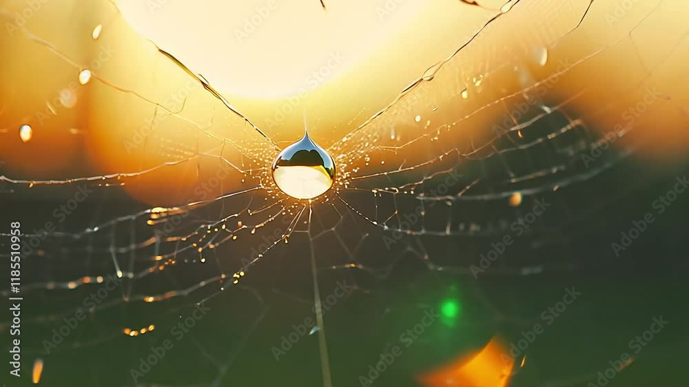 Wall mural zoom in video of a spider web with dew drops, showcasing the intricate patterns under warm golden ho