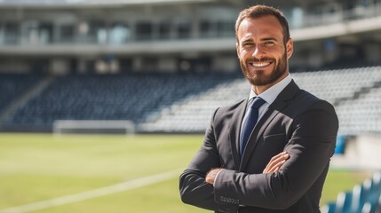Portrait of a smiling manager in a suit, standing with arms crossed at a stadium, looking at the camera. The man is the coach or and athletic director, ready for a match day.