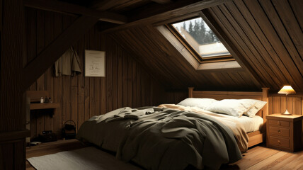 A cozy attic bedroom featuring exposed wooden beams, large skylights allowing natural light, and minimalist decor with soft bedding and warm neutral tones for a tranquil, inviting atmosphere.