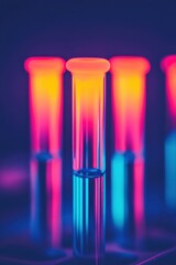 Fototapeta premium Colorful test tubes illuminated in vibrant hues against a dark background.