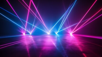 Abstract Neon Laser Light Show on Reflective Floor