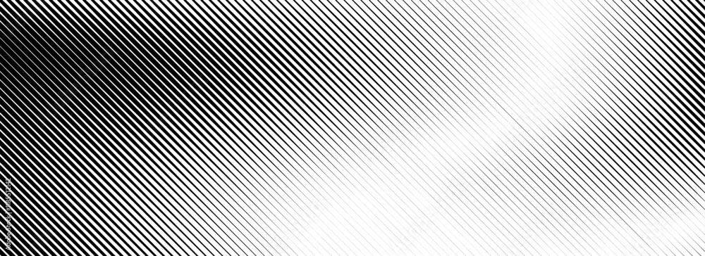 Poster Fading linear gradient texture. Black diagonal stripe gradation background. Thin and thick vanish slanted pattern backdrop. Oblique parallel stroke wallpaper. Vector