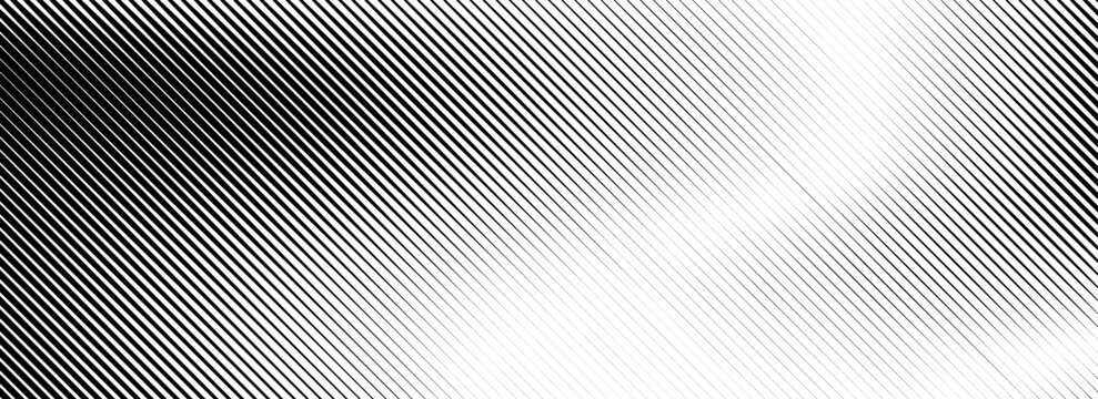 Fading linear gradient texture. Black diagonal stripe gradation background. Thin and thick vanish slanted pattern backdrop. Oblique parallel stroke wallpaper. Vector