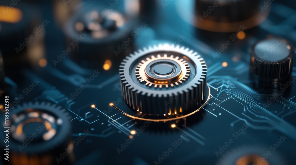 Aufkleber Close-up View of Intricate Microchip with Geometric Patterns and Gear Elements Illuminated by Soft Blue Light in a Technology and Innovation Theme