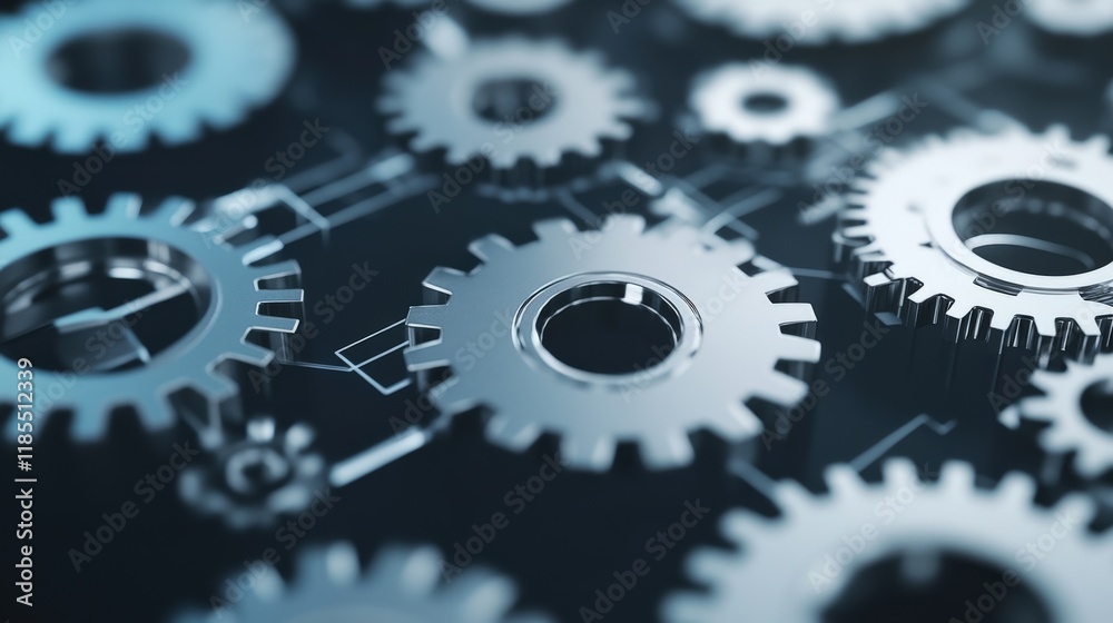 Poster Close-Up View of Interlocking Gears in Motion, Representing Precision Engineering and Mechanics in a Modern Industrial Setting with High Detail and Depth of Field