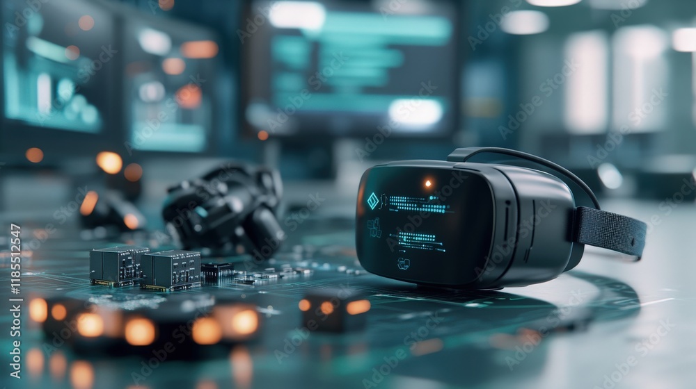 Poster high-tech virtual reality headset surrounded by advanced equipment for immersive gaming and interact