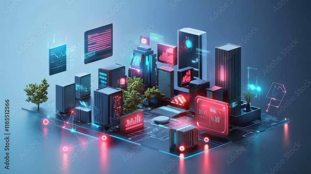 Aufkleber Futuristic Urban Landscape with Digital Interfaces and Data Analytics Representations, Showcasing Modern Architecture and Innovative Technology in a Contemporary Setting