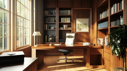 Fototapeta premium Sunlit Executive Office with Wooden Furnishings and Extensive Book Collection