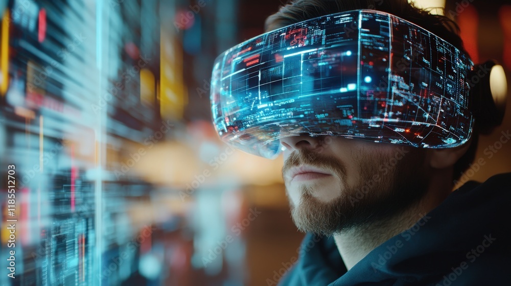 Fototapete Futuristic technology scene featuring a man using a virtual reality headset while surrounded by glowing digital data and holograms in a modern setting
