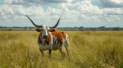 Speckled Longhorn in a Verdant Meadow
