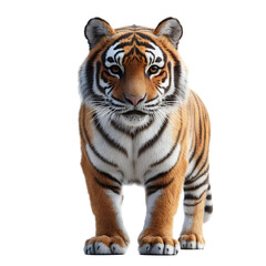 Fototapeta premium A tiger stands on all fours facing forward with a neutral expression isolated on a transparent background.