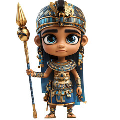 Cartoon Egyptian Pharaoh King Holding a Golden Spear Isolated on Transparent Background