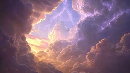 Dramatic Sunset Sky with Purple and Orange Clouds Birds in Flight Heavenly Cloudscape