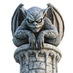 Stone Gargoyle Sculpture with Wings Perched on Stone Column Isolated on Transparent Background