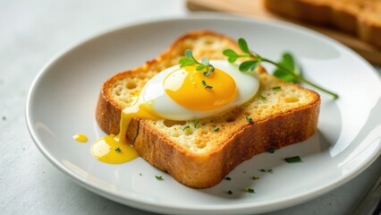 Delectable baked bread slice topped with a perfectly poached egg, showcasing a vibrant yolk and delicate herbs
