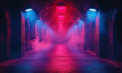 A dimly lit corridor with colorful lights and fog, creating a mysterious and atmospheric setting.