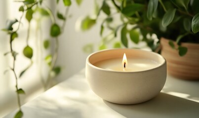 Serene Candlelit Corner with Greenery - A Tranquil Indoor Setting