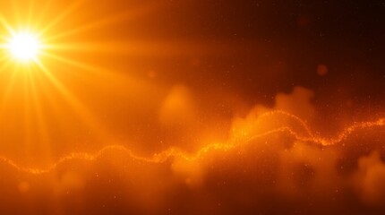 Fototapeta premium Bright sun, golden sky, dramatic clouds, sunburst, orange atmosphere, celestial landscape, vibrant sunset, ethereal glow, heavenly scene, radiant light, atmospheric haze, cosmic beauty, majestic skysc