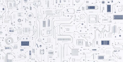 Intricate Seamless Circuit Board Pattern with Electronic Elements and White Edge Design for Technology Concepts