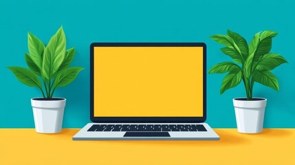Fototapeta premium Modern laptop with blank screen flanked by potted plants on yellow desk