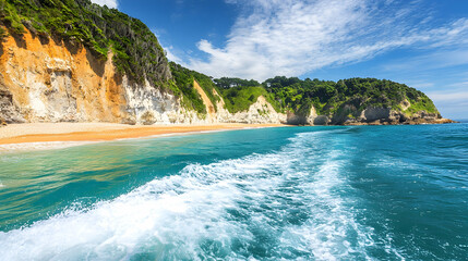 A mesmerizing coastal panorama seen from a boat, with vibrant blue seas, a golden sandy beach and...