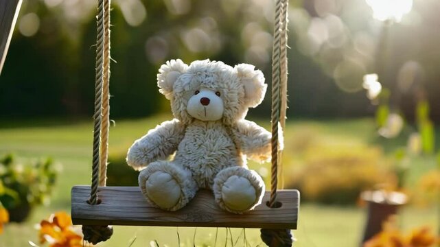 Plush teddy bear on a wooden swing in a sunny outdoor garden.
