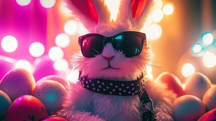 Close-up of a plush white easter bunny wearing a black studded leather collar, leash, and sunglasses, , surrounded by bright neon lights and eggs with latex surface. - Generative AI