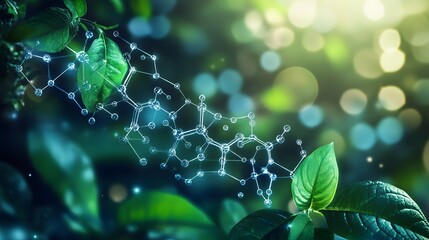Molecular Structure Intertwined With Lush Green Leaves