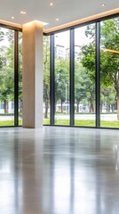 Obraz premium Spacious Modern Interior with Large Glass Windows Overlooking a Park