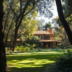 house on the outskirts of a university surrounded by trees, 60s style mansion home, beautiful stunning yard